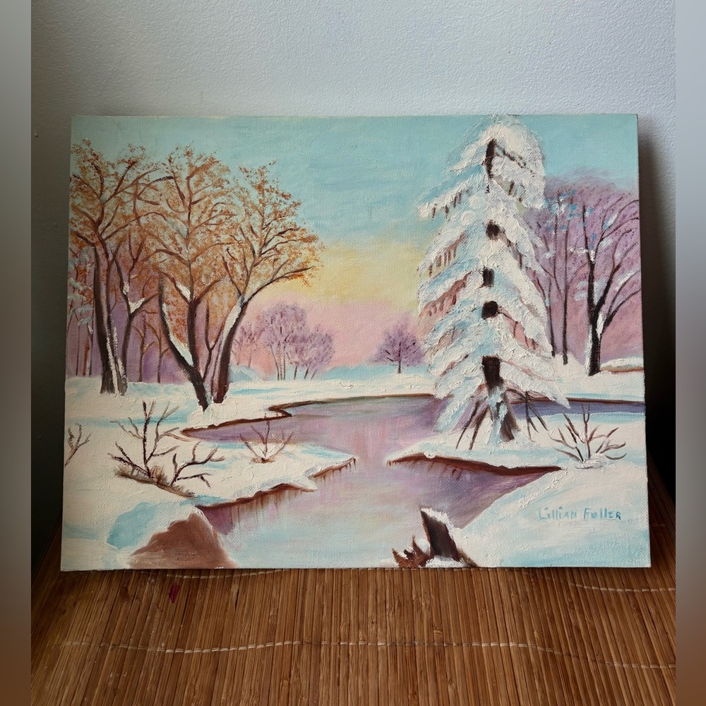 Hand Painted Winter Landscape Canvas Art with Snowy Trees